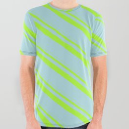 [ Thumbnail: Light Green & Powder Blue Colored Stripes/Lines Pattern All Over Graphic Tee ]
