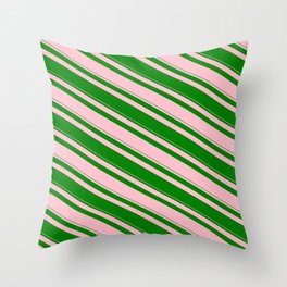 [ Thumbnail: Pink and Green Colored Striped/Lined Pattern Throw Pillow ]