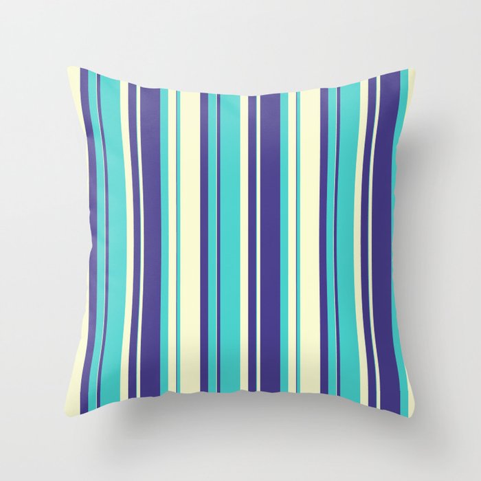 Dark Slate Blue, Turquoise & Light Yellow Colored Striped/Lined Pattern Throw Pillow