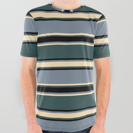 [ Thumbnail: Light Slate Gray, Beige, Dark Slate Gray, and Black Colored Stripes/Lines Pattern All Over Graphic Tee ]