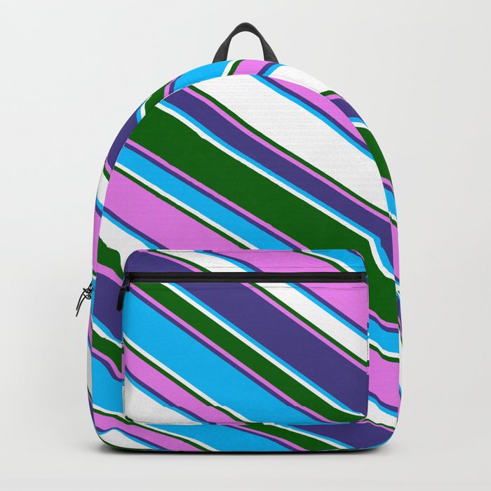 Eyecatching Dark Slate Blue, Deep Sky Blue, White, Dark Green, and Violet Colored Pattern of Stripes Backpack