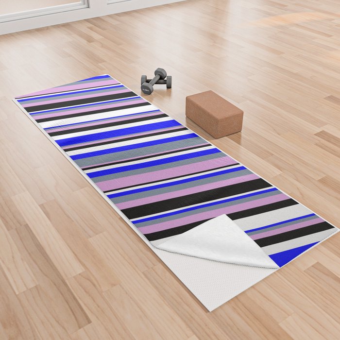 Blue, Light Slate Gray, Plum, Black & White Colored Stripes/Lines Pattern Yoga Towel