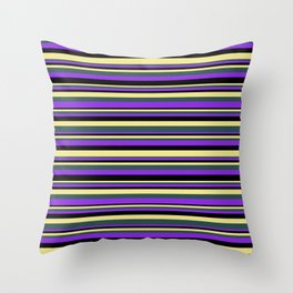 [ Thumbnail: Tan, Dark Slate Gray, Purple, and Black Colored Stripes/Lines Pattern Throw Pillow ]