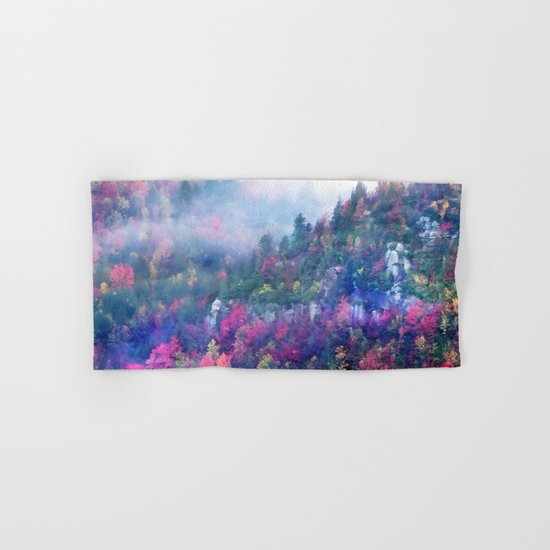 Fog over a colorful fall mountain forest Hand & Bath Towel
