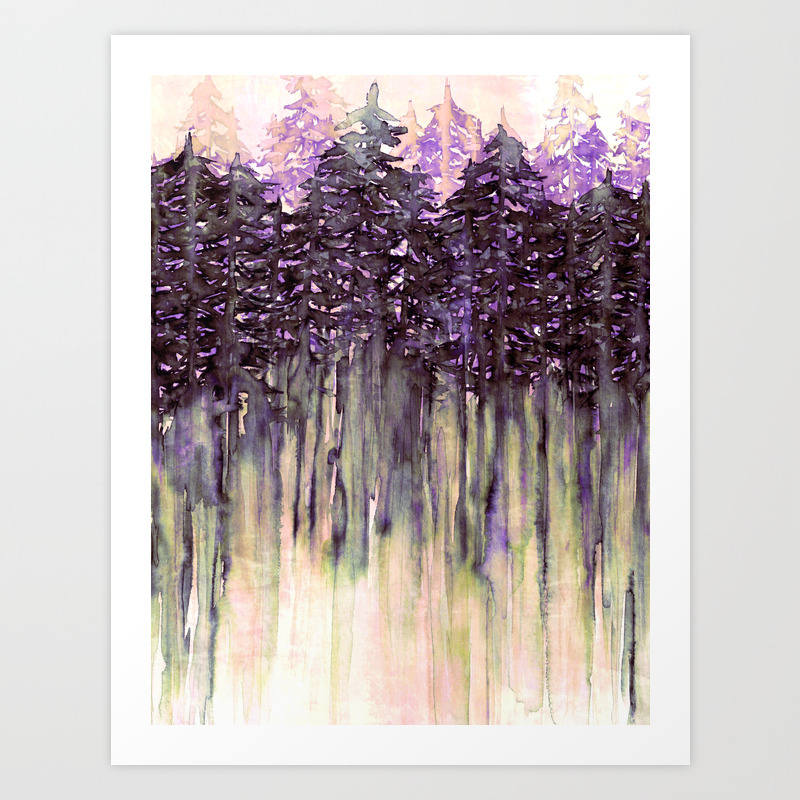Northwest Vibes Colorful Watercolor Painting Forest Trees Violet