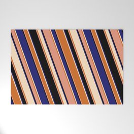 [ Thumbnail: Eyecatching Bisque, Chocolate, Dark Salmon, Black & Midnight Blue Colored Stripes/Lines Pattern Welcome Mat ]