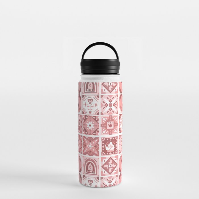 Abstract Coral Pink White Geometrical Tribal Mosaic Pattern Water Bottle