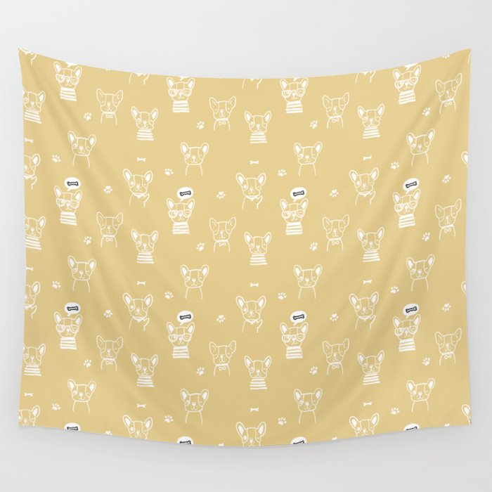 Tan and White Hand Drawn Dog Puppy Pattern Wall Tapestry