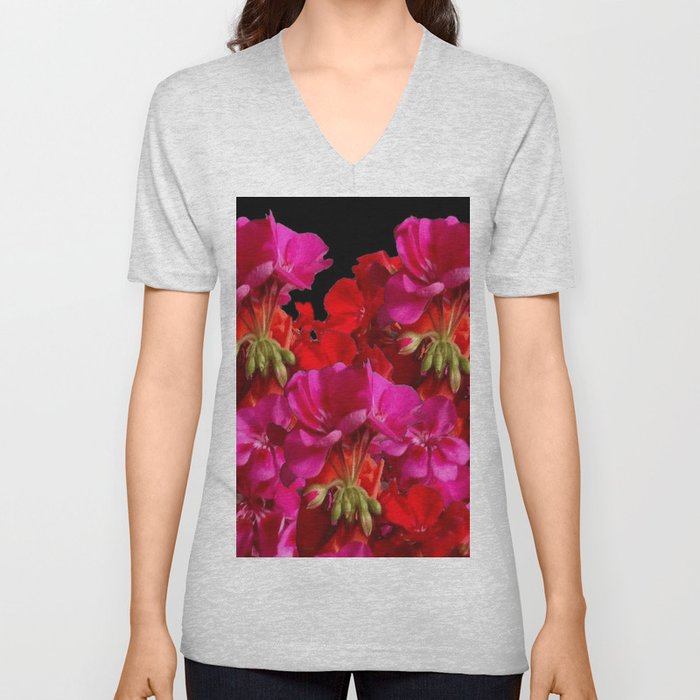 Red & Fuchsia Geranium flowers V Neck T Shirt
