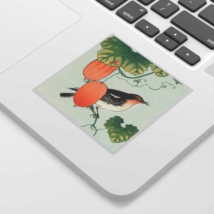 Songbird on fruit tree - Vintage Japanese Woodblock Print Sticker