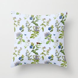 Periwinkle Flowers Meadow on The Blue Sky - Vintage Botanical Illustration Collage  Throw Pillow