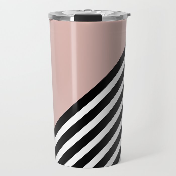 Geometric Art Color Block and Stripes in Pink, Black and White Travel Mug