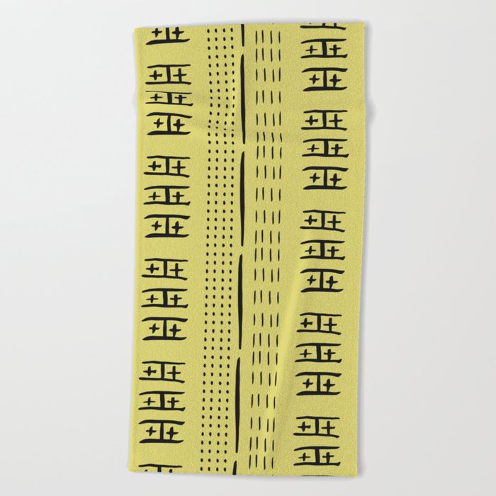 Liberty Mud Cloth Yellow and Black Lines and Dots Beach Towel