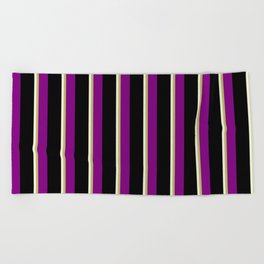 [ Thumbnail: Beige, Dark Khaki, Purple & Black Colored Stripes Pattern Beach Towel ]