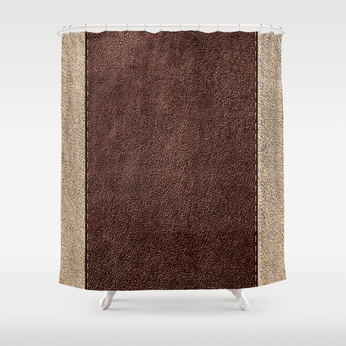Dark Brown, Beige, Parallel Stitched Leather Effect Shower Curtain