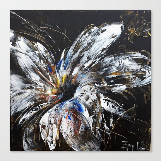 white flower on black background, painted Canvas Print
