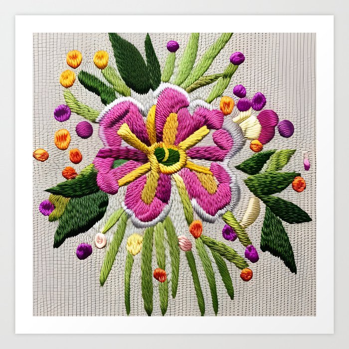 Embroidered Garden Flowers, Heidi Art Print