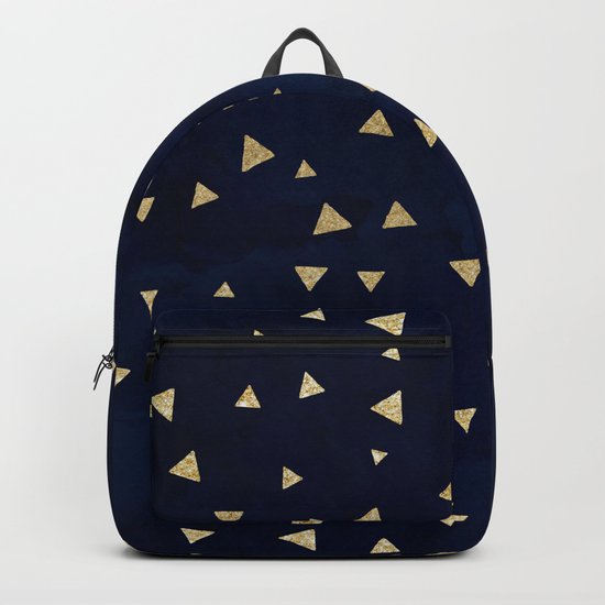 Gold modern triangles geometric on navy blue watercolor pattern Backpack