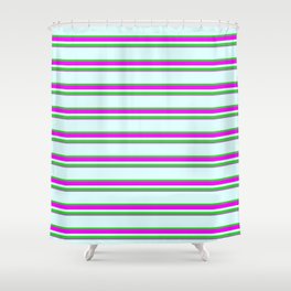 [ Thumbnail: Light Cyan, Lime Green & Fuchsia Colored Lines Pattern Shower Curtain ]