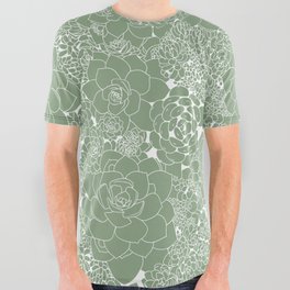 Succulent Line Drawing- Sage Green All Over Graphic Tee