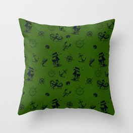Green And Blue Silhouettes Of Vintage Nautical Pattern Throw Pillow