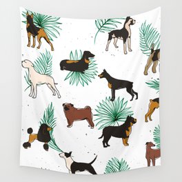 Miracles with paws, Tropical Cute Quirky Dog Pets Illustration, Whimsical Dachshund Pug Poodle Palm Wall Tapestry