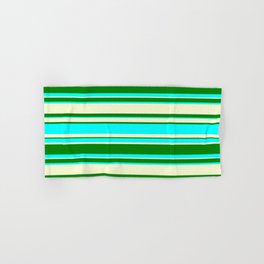 [ Thumbnail: Light Yellow, Green, and Aqua Colored Lined Pattern Hand & Bath Towel ]