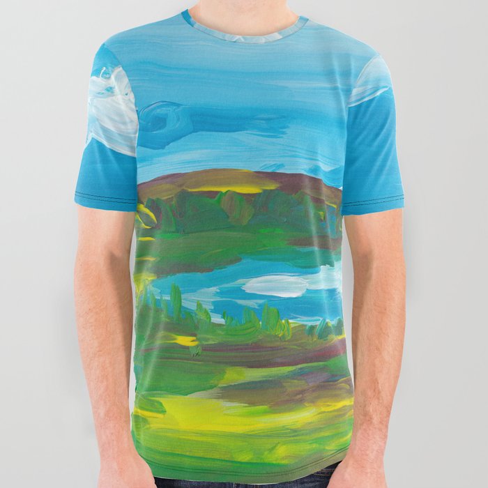 Summer Meadow Lake Landscape Painting All Over Graphic Tee