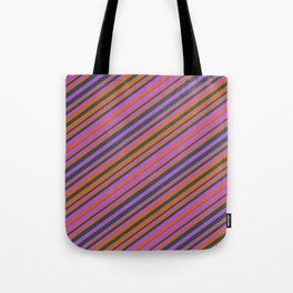 [ Thumbnail: Chocolate, Dark Slate Gray, and Orchid Colored Striped Pattern Tote Bag ]