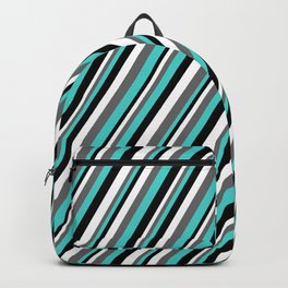 [ Thumbnail: White, Dim Gray, Turquoise, and Black Colored Lined Pattern Backpack ]