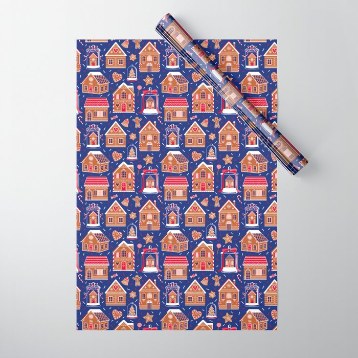 Gingerbread Houses and Sweets Candies - Blue Wrapping Paper