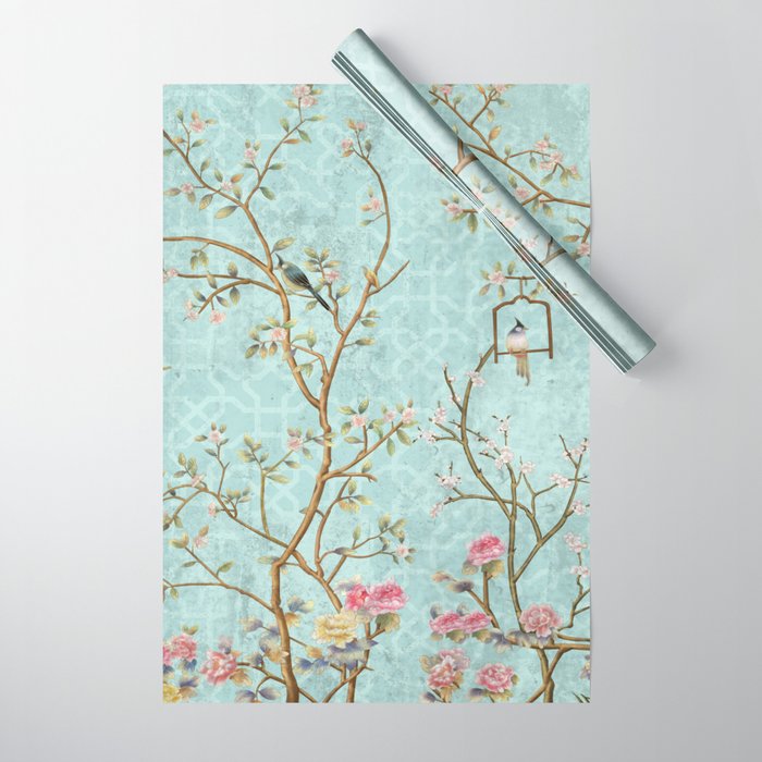 Romantic Chinoiserie Aqua Zen Garden Wrapping Paper