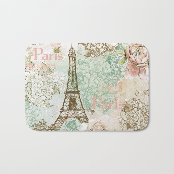 I love Paris - Vintage Shabby Chic - Eiffeltower France Flowers Floral Bath Mat