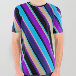 [ Thumbnail: Eyecatching Deep Sky Blue, Tan, Dark Violet, Midnight Blue, and Black Colored Lines Pattern All Over Graphic Tee ]