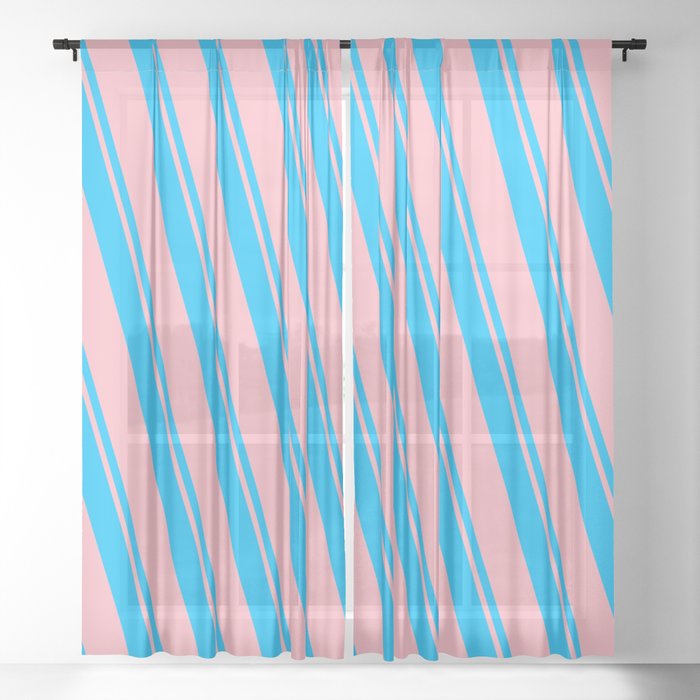 Deep Sky Blue and Light Pink Colored Striped/Lined Pattern Sheer Curtain