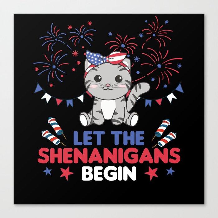 Happy 4th Cute Cat With Fireworks America Canvas Print