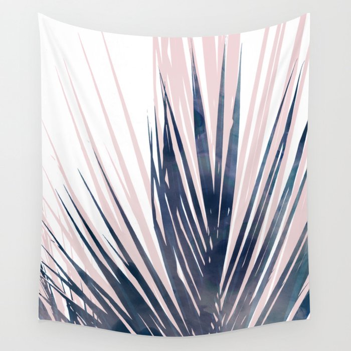 Contemporary Palm Leaf in Navy Blue and Blush Pink Wall Tapestry