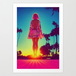 Alone walking, pink, woman, girl, cool, beach Art Print