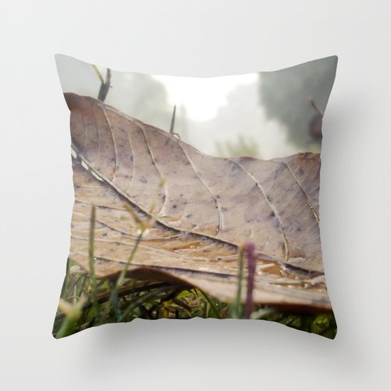 Dew drops on a fallen leaf Throw Pillow