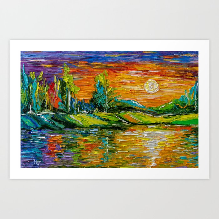 Sunset on a forest lake Art Print