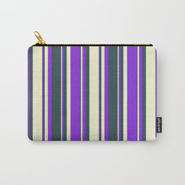 [ Thumbnail: Dark Slate Gray, Light Yellow, and Purple Colored Lines/Stripes Pattern Carry-All Pouch ]