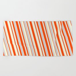 [ Thumbnail: Light Grey, Red, and Beige Colored Striped Pattern Beach Towel ]
