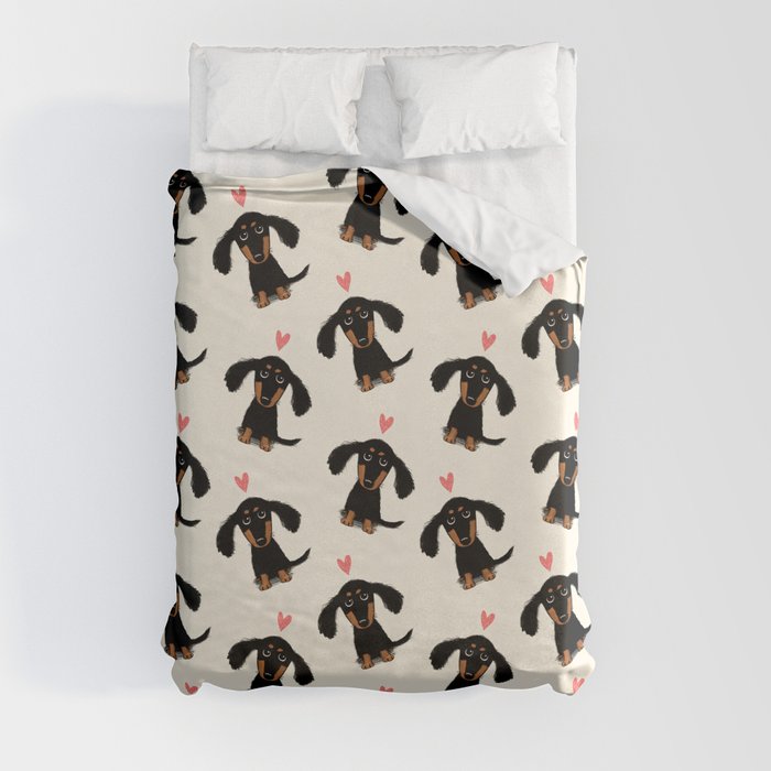 Dachshund Love | Cute Longhaired Black and Tan Wiener Dog Duvet Cover