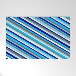 [ Thumbnail: Vibrant Dim Gray, Sky Blue, Light Cyan, Blue & Deep Sky Blue Colored Lined/Striped Pattern Welcome Mat ]