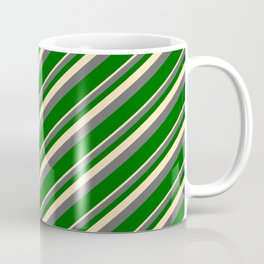 [ Thumbnail: Beige, Dim Gray & Dark Green Colored Lined Pattern Coffee Mug ]