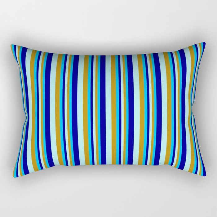 Deep Sky Blue, Dark Goldenrod, Turquoise & Dark Blue Colored Striped/Lined Pattern Rectangular Pillow