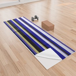 [ Thumbnail: Eyecatching Dark Khaki, Dark Slate Blue, Lavender, Dark Blue, and Black Colored Lines Pattern Yoga Towel ]