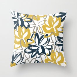 Lotus Garden Painted Floral Pattern in Light Mustard Yellow, Navy Blue, and Gray on White Throw Pillow