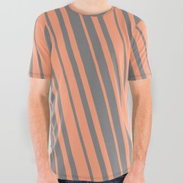 [ Thumbnail: Light Salmon and Grey Colored Striped/Lined Pattern All Over Graphic Tee ]