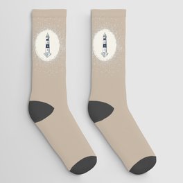 Lighthouse Maritime and White Circle on Nude Beige Socks